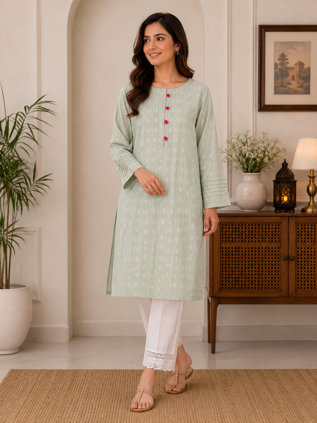 Mint Blossom Jacquard Kurti