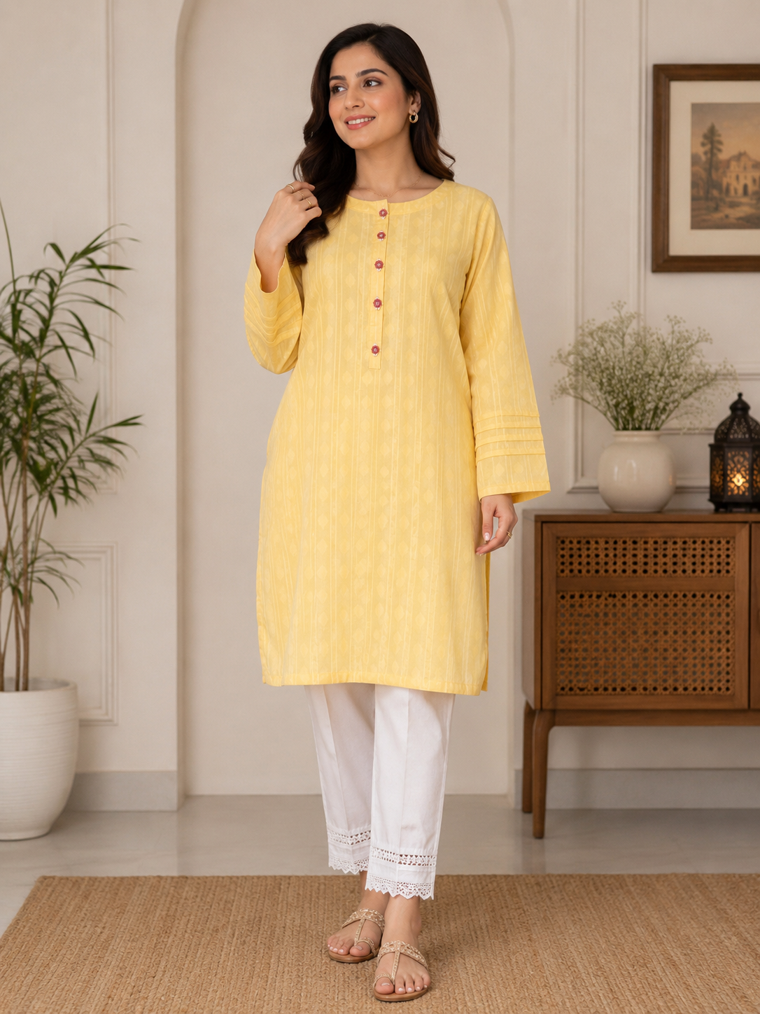 Sunlit Bloom Jacquard Kurti