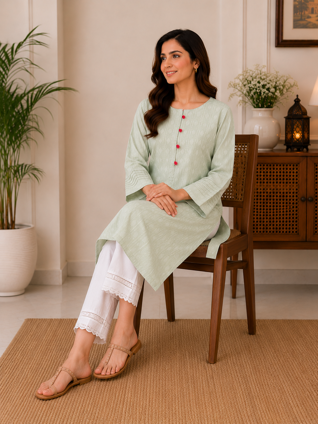 Mint Blossom Jacquard Kurti