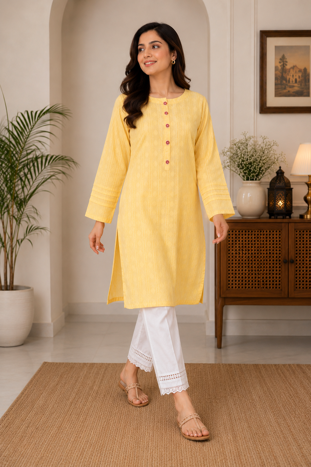 Sunlit Bloom Jacquard Kurti