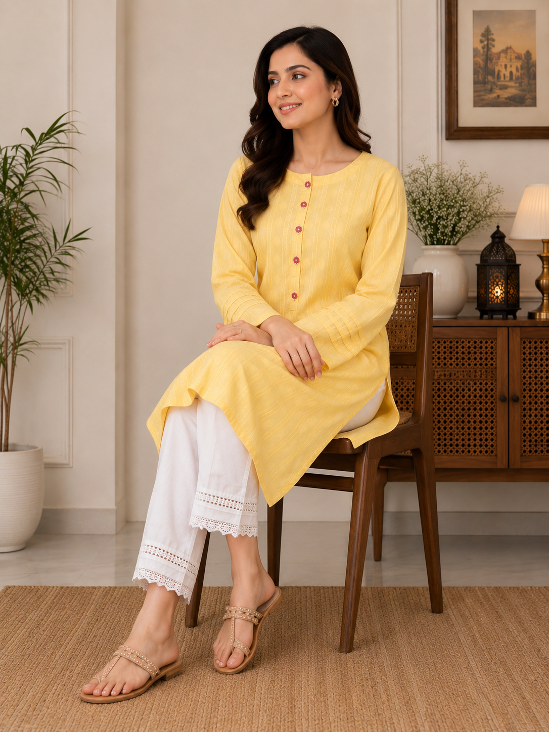 Sunlit Bloom Jacquard Kurti