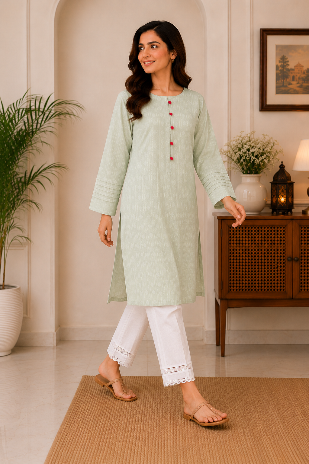 Mint Blossom Jacquard Kurti