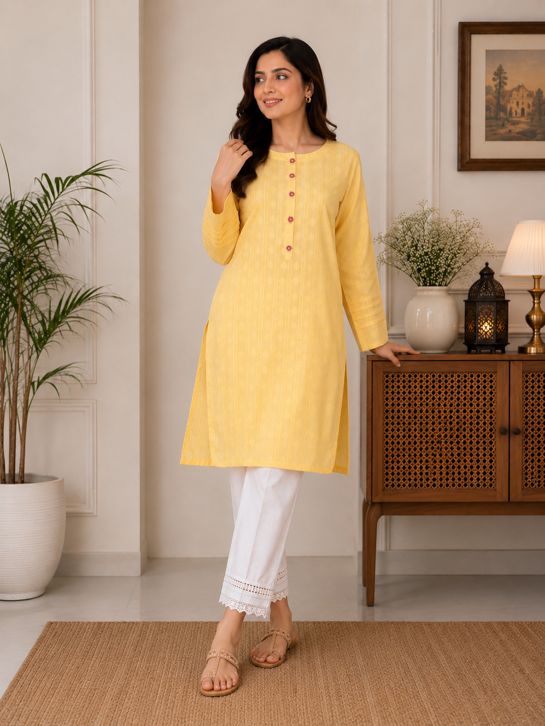 Sunlit Bloom Jacquard Kurti