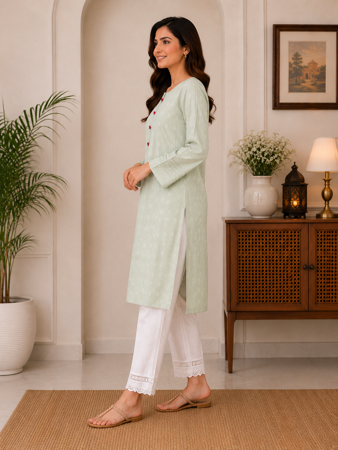Mint Blossom Jacquard Kurti
